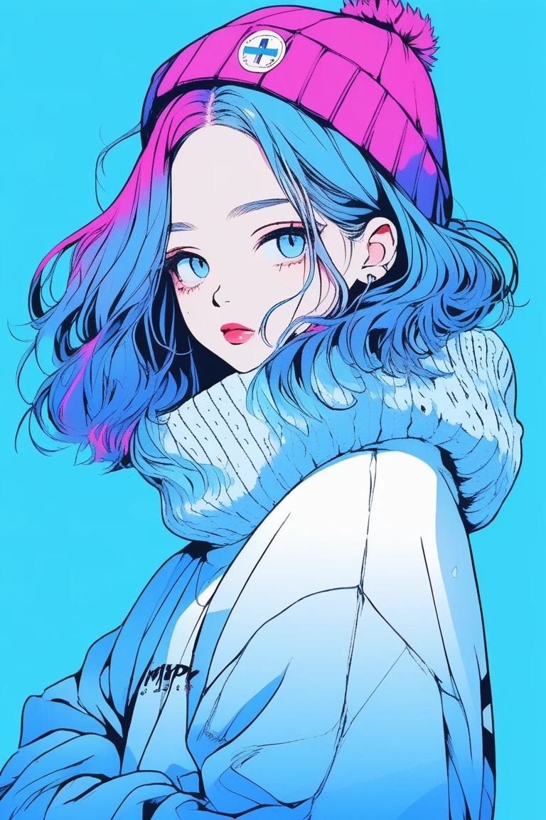 ilustrador, Japanese cartoons , Practical ,sketch , 1 girl, ,lips, sweater,Order, Blue gradient background, Neon hair,Texture decoration, Canada, (masterpiece,best quality) glycerin,Cool eyes