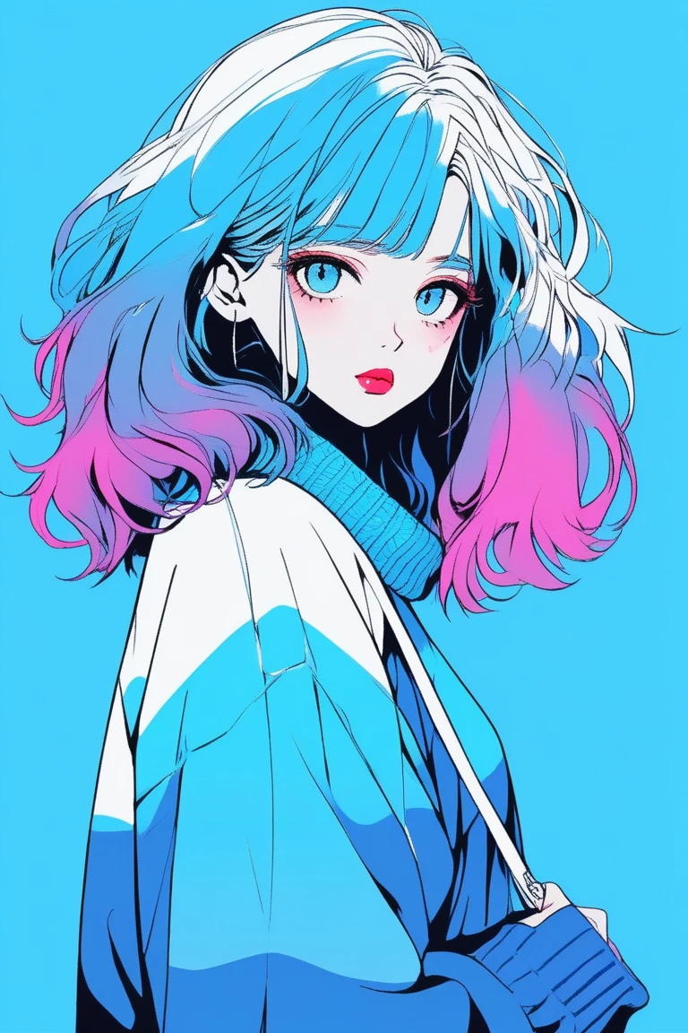 ilustrador, Japanese cartoons , Practical ,sketch , 1 girl, ,lips, sweater,Order, Blue gradient background, Neon hair,Texture decoration, Canada, (masterpiece,best quality) glycerin,Cool eyes