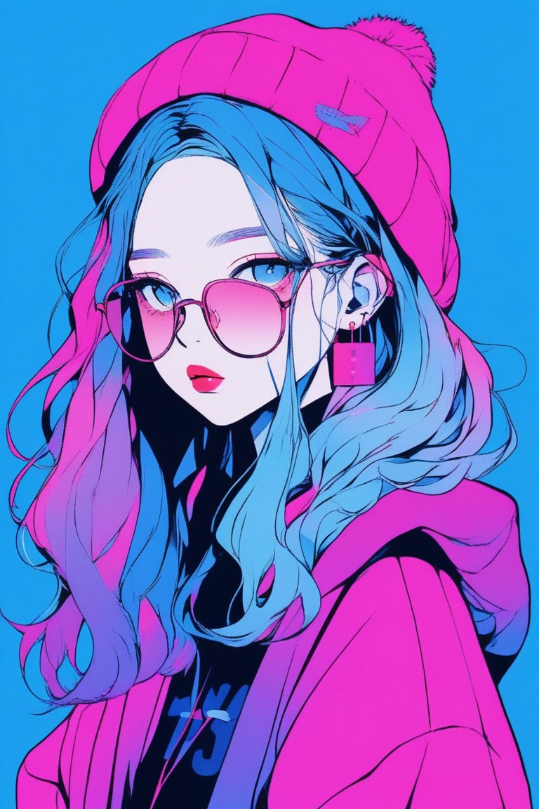 ilustrador, Japanese cartoons , Practical ,sketch , 1 girl, ,lips, sweater,Order, Blue gradient background, Neon hair,Texture decoration, Canada, (masterpiece,best quality) glycerin,Cool eyes