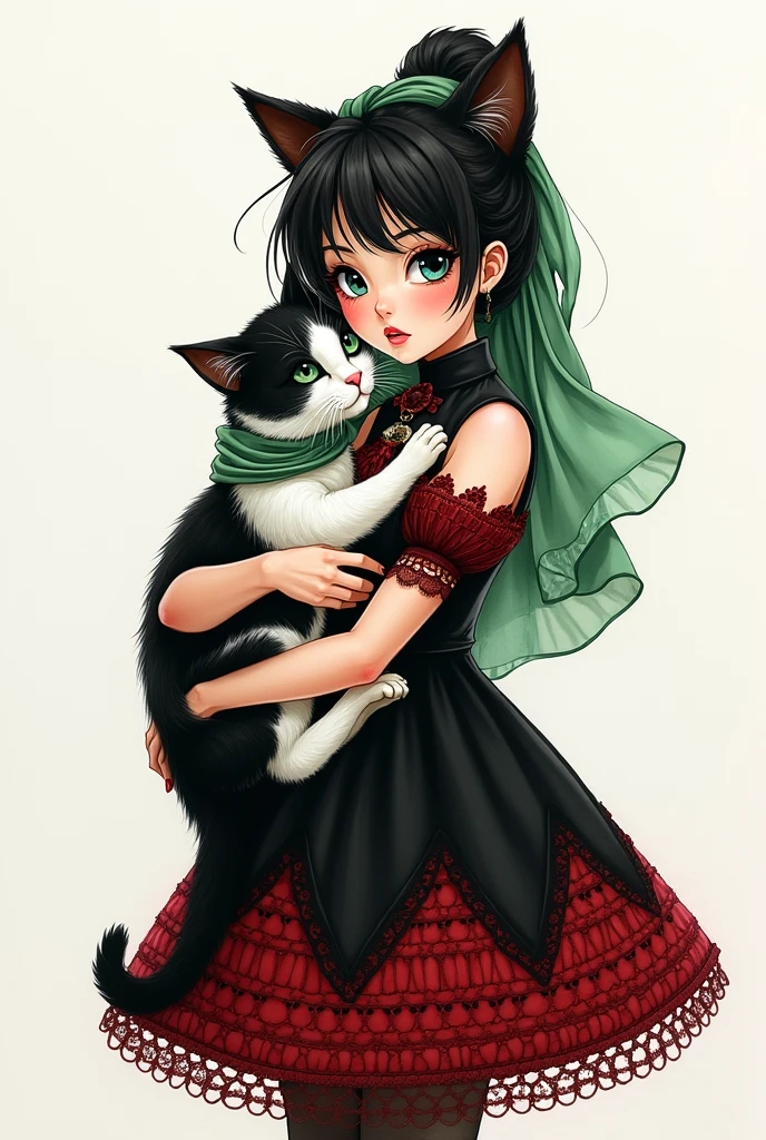 painting of a cute woman in a short black and red gothic victorian style crochet dress and green scarf embrace like a baby a black and white cat, by Fernand Toussaint, tumblr, woman and cat, in a painting of a cat, white ( cat ) girl, portrait of a white cat, holding a cat, art of edouard bisson, (steampunk), (steampunk), sketchy ink work, (pop art style)
