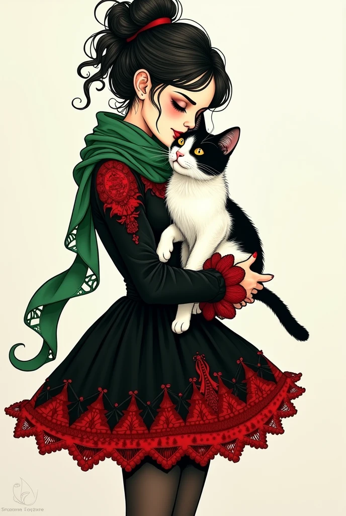 painting of a cute woman in a short  black and red gothic victorian style crochet  dress and green scarf embrace like a   a black and  white cat, by Fernand Toussaint, tumblr, woman and cat, in a painting of a cat, white ( cat ) girl, portrait of a white cat, holding a cat, art of edouard bisson, (steampunk), (steampunk), sketchy ink work, (pop art style)