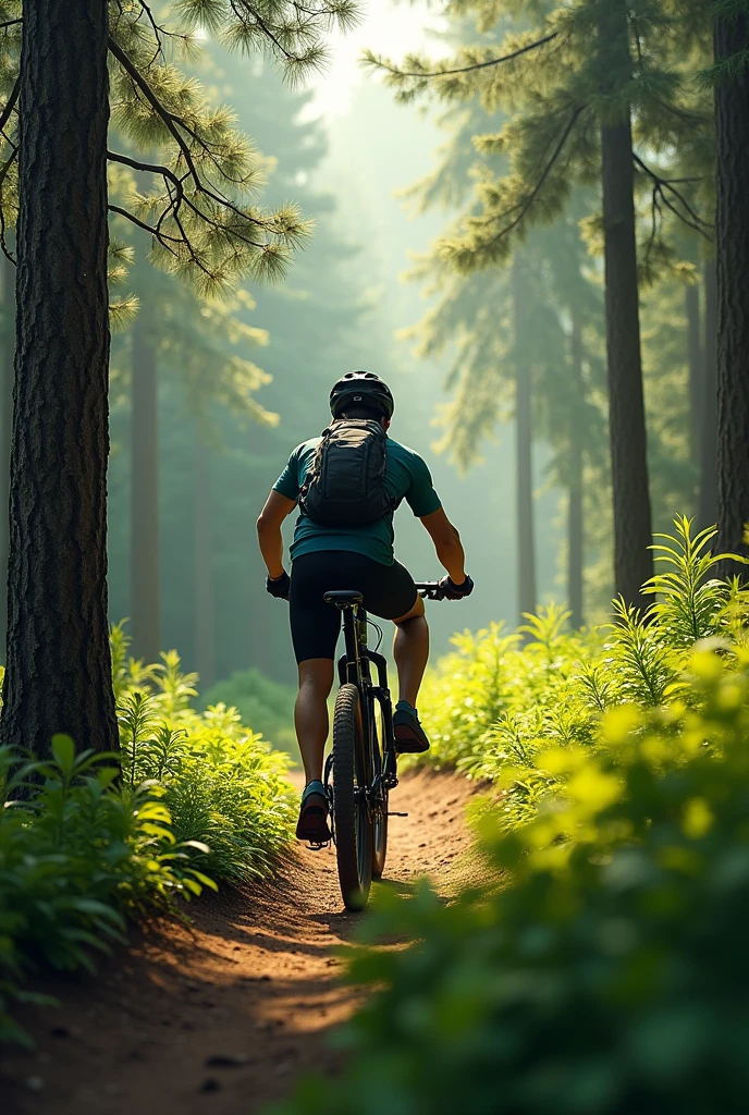 MTB cycling with hydropack bag in pine forest