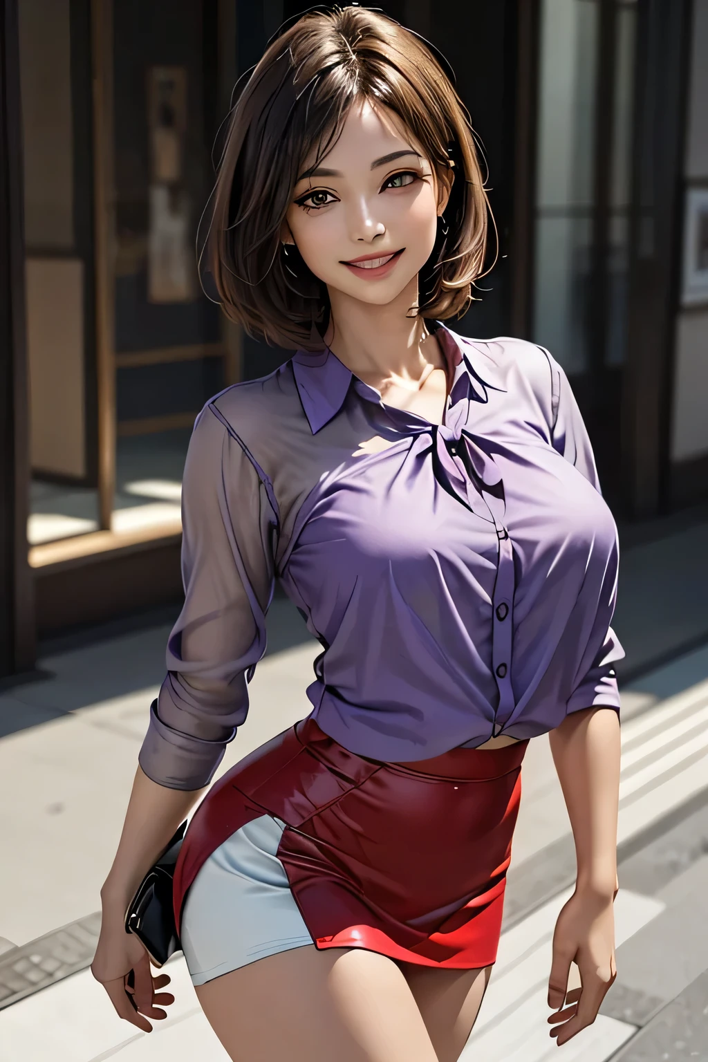 (1 The Ultimate Beautiful Mature Woman), Very detailedな顔, Beautiful brown eyes, double eyelid, Slightly thick detailed lip, Short black hair, (Light purple blouse:1.2), (Red tight mini skirt:1.4), Large Breasts, smile, Thighs, Perfect lighting, (Realistic:1.4), (Very detailed), (Highest quality), (Best Shadow), (masterpiece), Ultra-high resolution, With background: ((Ginza Art Gallery, Tokyo))