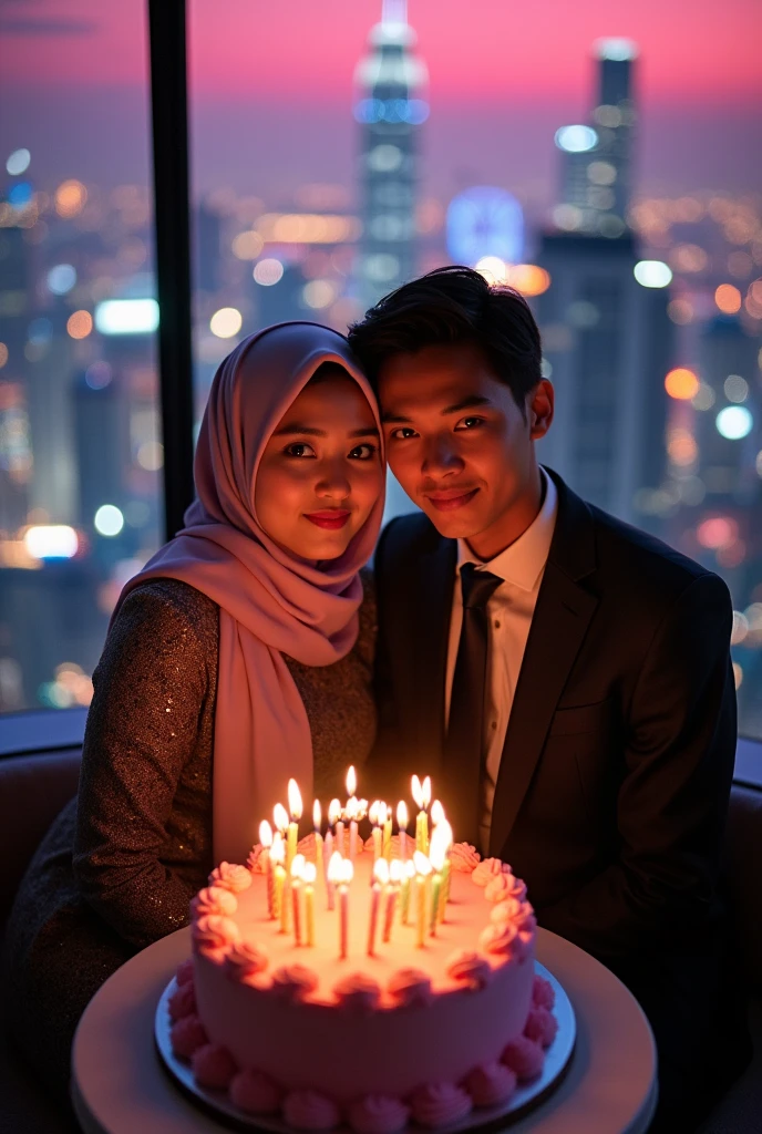 A photo of a birthday party in a skyscraper with city lights. There are two young people look at camera sitting closely together in front of a large birthday cake. The woman is wearing a hijab and a formal dress, while the man is wearing a suit. The cake has 25 lit candles and the text "Happy Birthday [SEPTI SULISTIYANI]". The background contains tall buildings and the sky is glamour pink party.