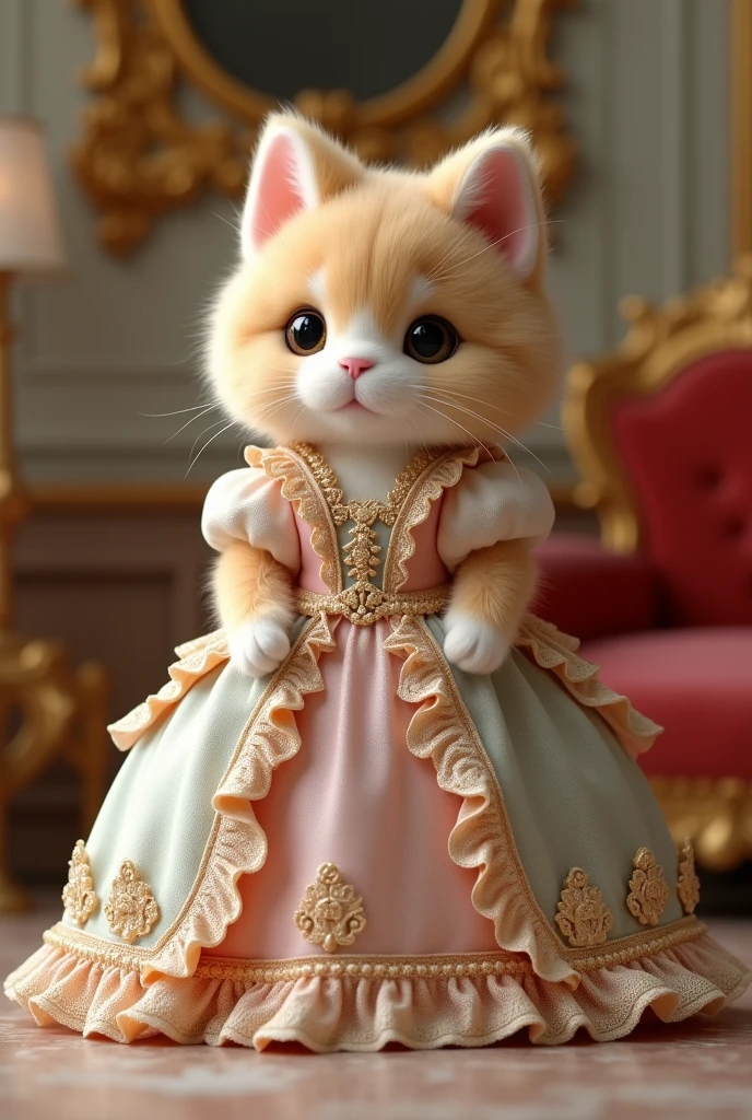 A Sylvanian Family toy Persian cat in a Rococo style dress