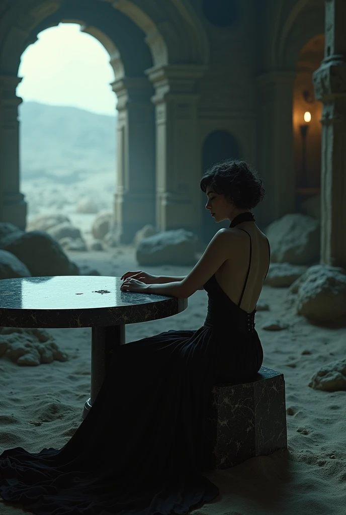 A beautiful gothic girl, beautiful face. Short curly hair. pale skin. Sexy detailed sheer dress. Thin voluptuous exuberant.  Sitting at a shiny dark marble table. Environment: a lunar settlement. Ruins of the lunar civilization.  Moon rocks around.  dim lighting. 1:1 hyperrealistic,  cinematographic,  4K Anatomically correct, The best quality, masterpiece, high quality, 