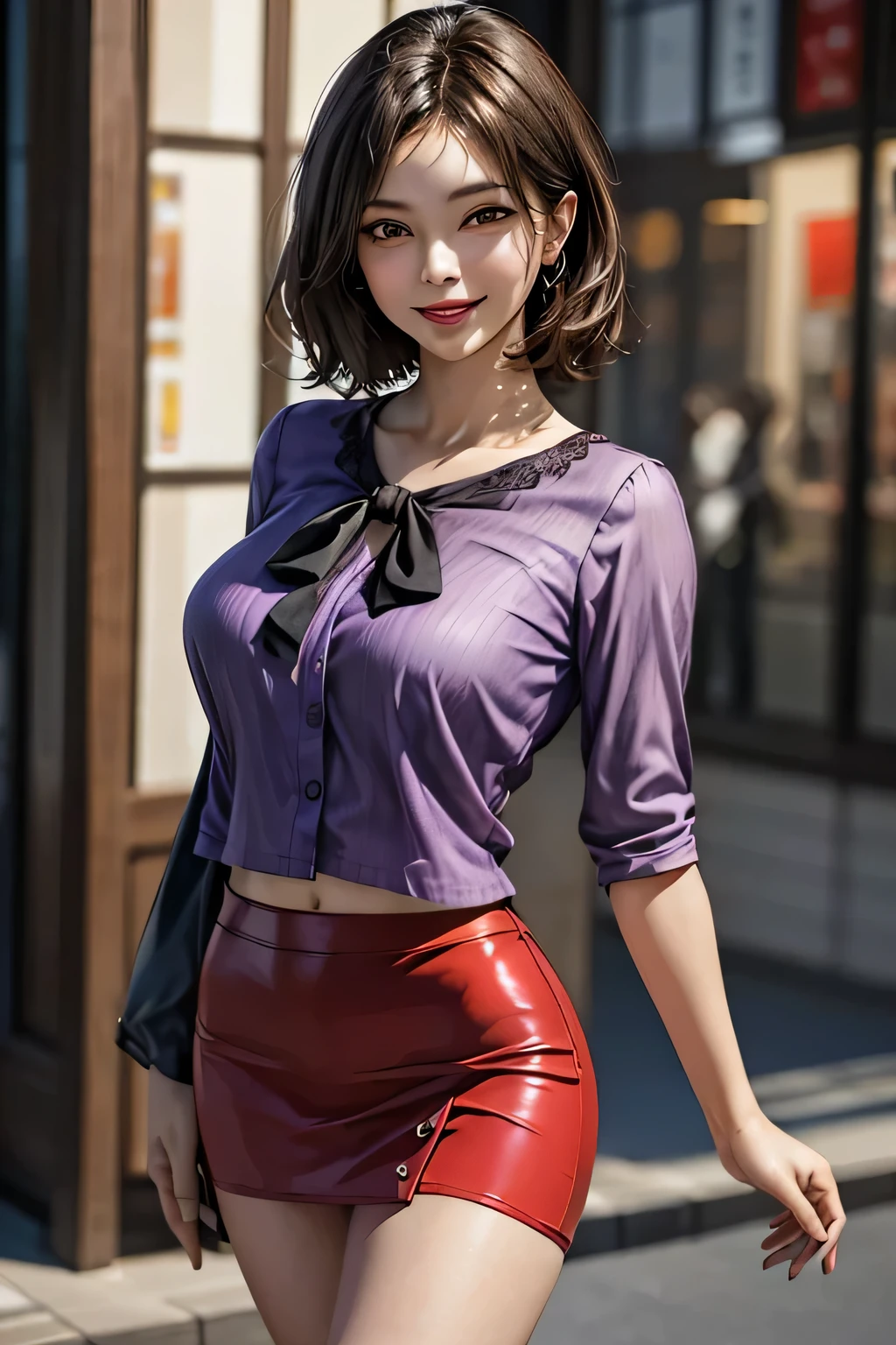 (1 The Ultimate Beautiful Mature Woman), Very detailedな顔, Beautiful brown eyes, double eyelid, Slightly thick detailed lip, Short black hair, (Light purple blouse:1.2), (Red tight mini skirt:1.4), Large Breasts, smile, Thighs, Perfect lighting, (Realistic:1.4), (Very detailed), (Highest quality), (Best Shadow), (masterpiece), Ultra-high resolution, With background: ((Ginza Art Gallery, Tokyo))