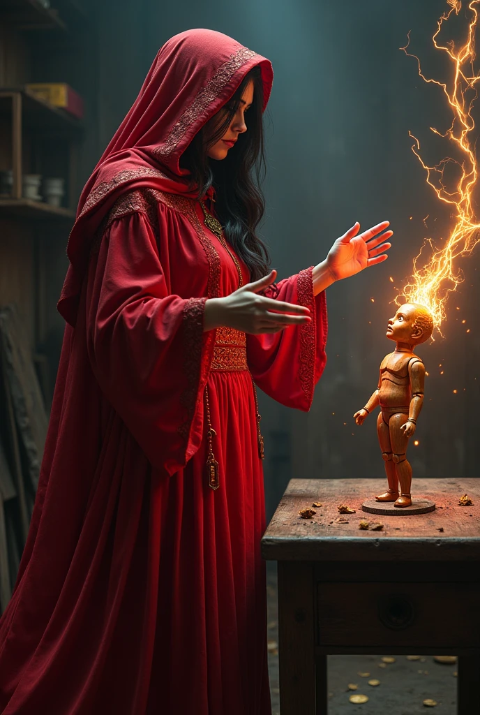  in a red dress casts a spell on a small wooden doll with a magic wand.