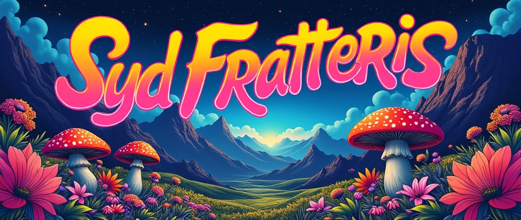 A poster for a psychedelic rock band called Syd Fratteris. We can use inspiration from Pink Floyd, but I want it to have the name of the band with psychedelic letters. It has to have hallucinogenic mushrooms and mountains in the distance and flowers of various colors. Something that looks real and not like a drawing where everything is in the shape of a circle. 