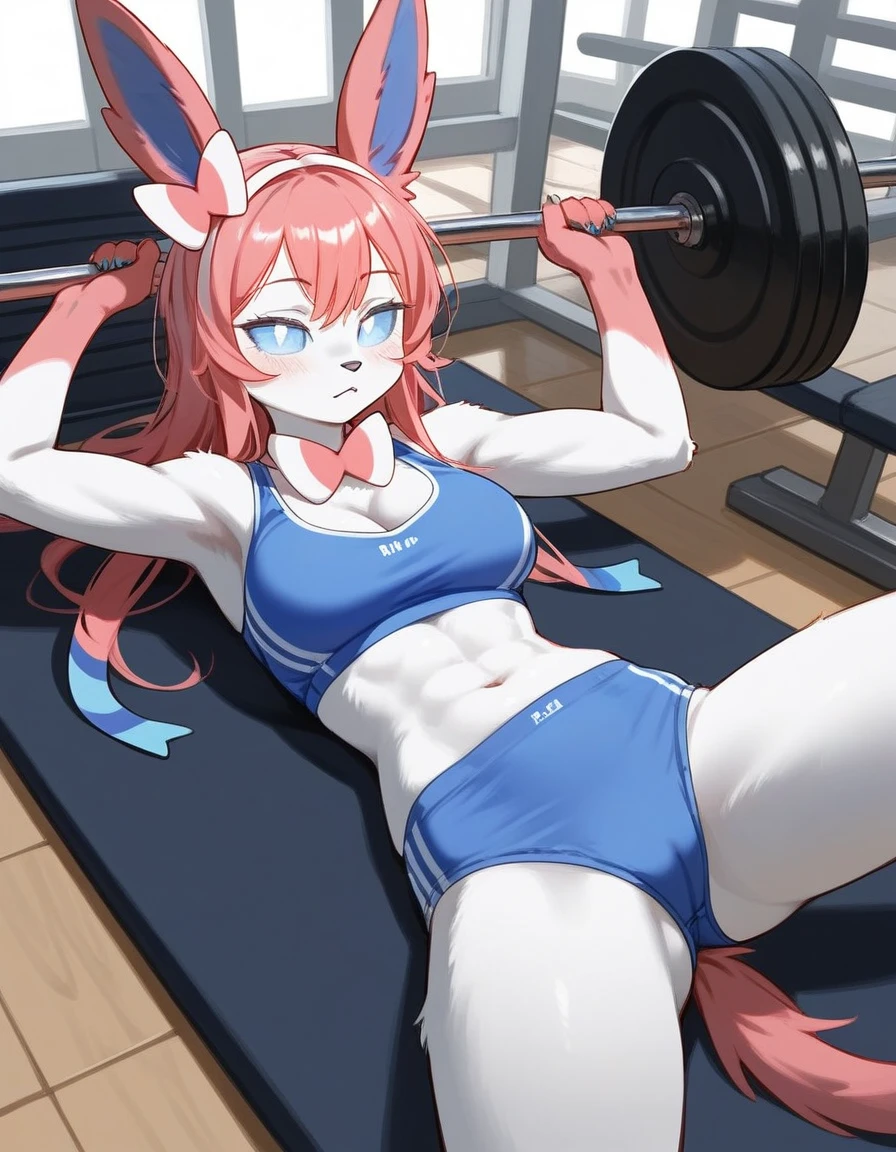 alone, score_9,score_8_up,score_7_up, anthro female sylveon, blue sclera, white eyes, sports bra, sport panties, gym, working out, laid down.
