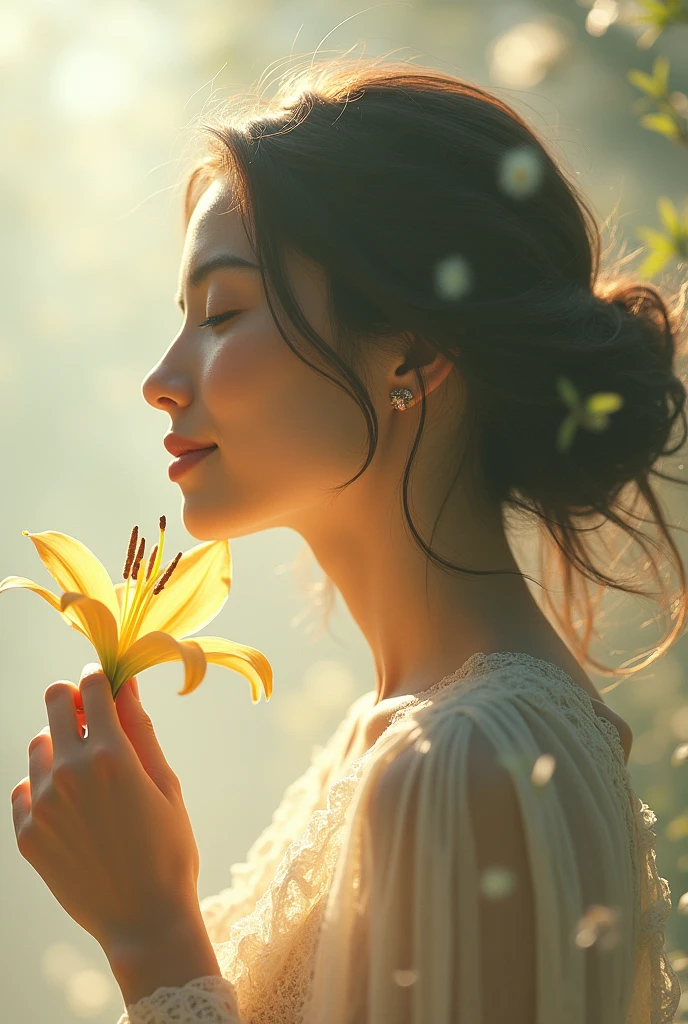 high quality, 8k ultra hd, A beautiful double exposure that combines an goddess. Looking ahead. Showing a sweet smile. eyes closed. Hand holding Lily flower. Loose hair gets reflected by sunlight. 
