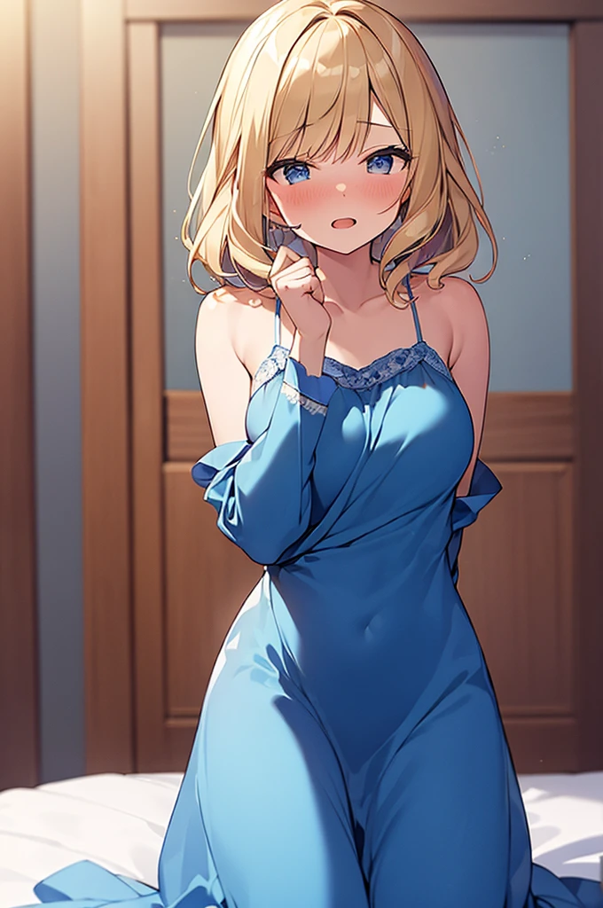 (Masterpiece, Top quality:1.5), nsfw, full body, (1 beautiful girl, solo:1.2), (short height:1.3), (blue Satin Nightgown and Matching Robe:1.3), (Nightgown lift:1.2), (show of pussy:1.3), Blonde hair:1.1, medium Hair, wavy Hair, asymmetry bangs, swept bangs, airy hair, large breasts:1.1, nose blush:1.3, beautiful scene of bedroom, magnificent panorama view, blurry background, dynamic angle
