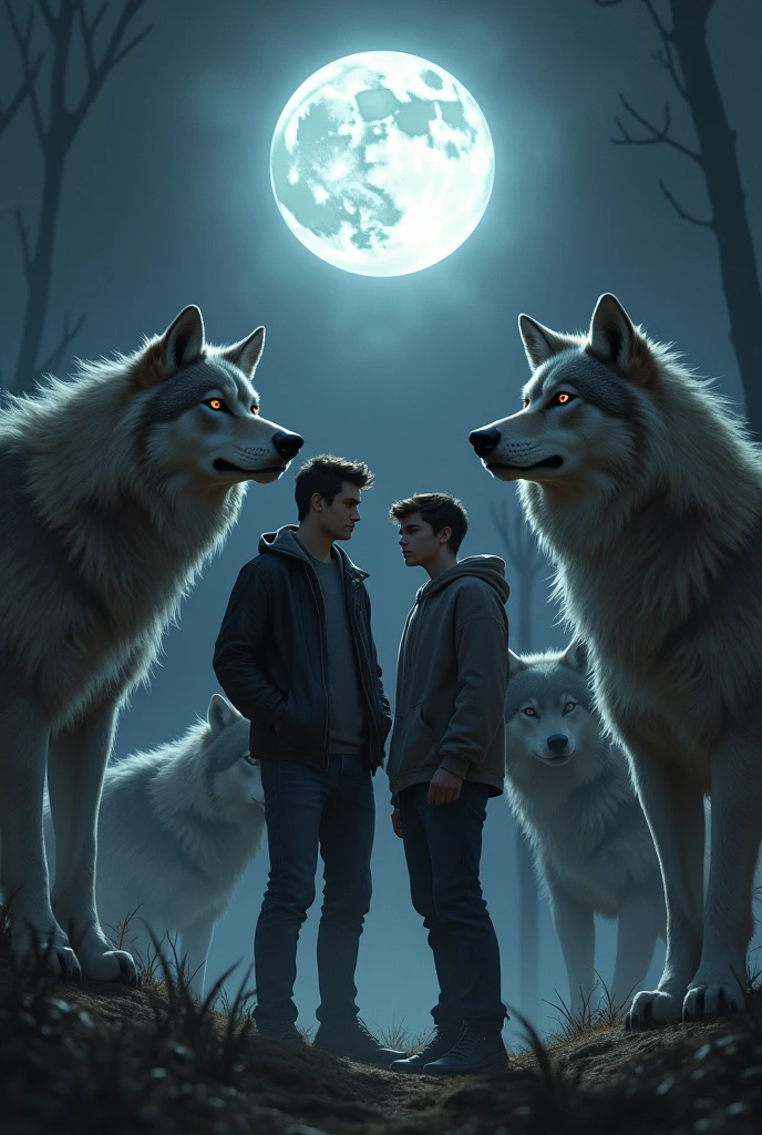 A 20 year old teenager named Stiles who has fair skin and brown hair, wearing a hoodie next to a 2 man taller than Stiles and muscular, with tanned skin tone and black hair, wearing a black leather jacket, they are surrounded by 4 giant wolves, under the light of the full moon 