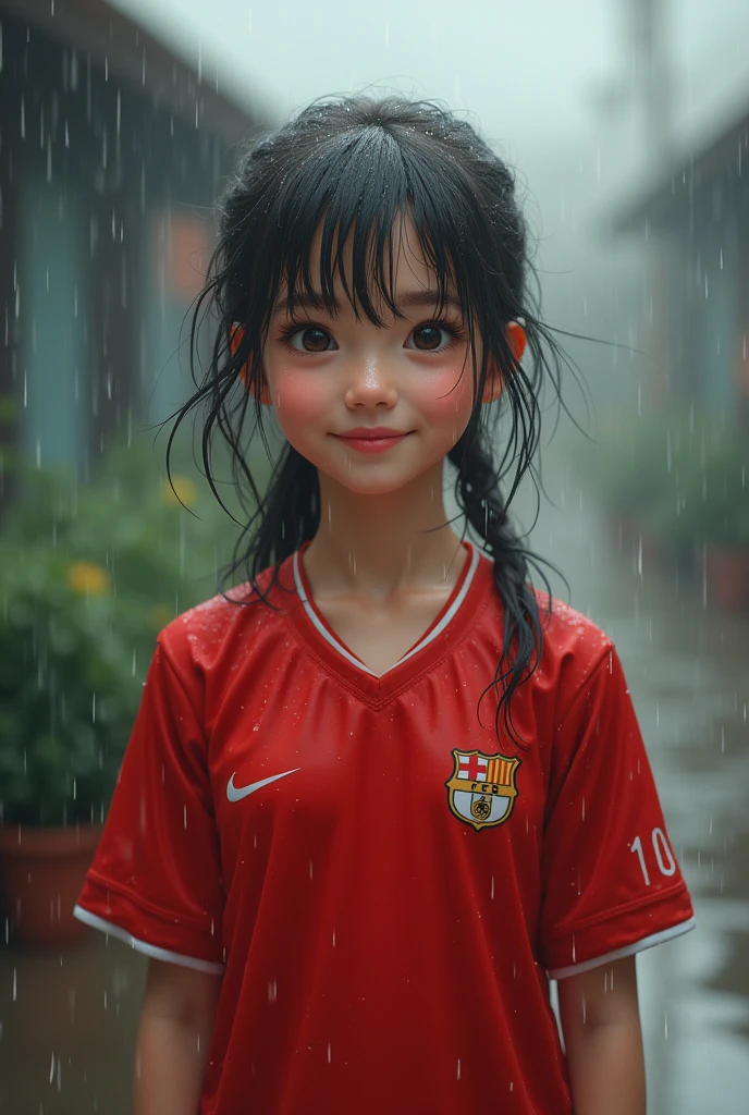 The girl wearing a red football shirt was wet with water but smiled sweetly