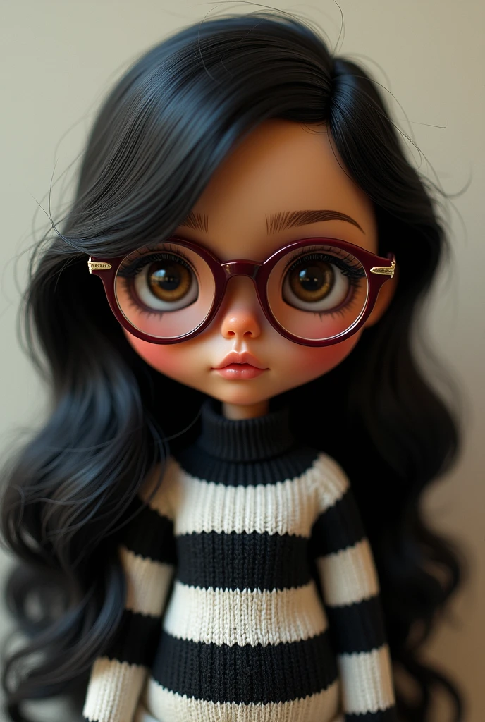 blythe doll , long wavy black hair , Brown eyes , light brown skin , maroon glasses , black and white striped sweater