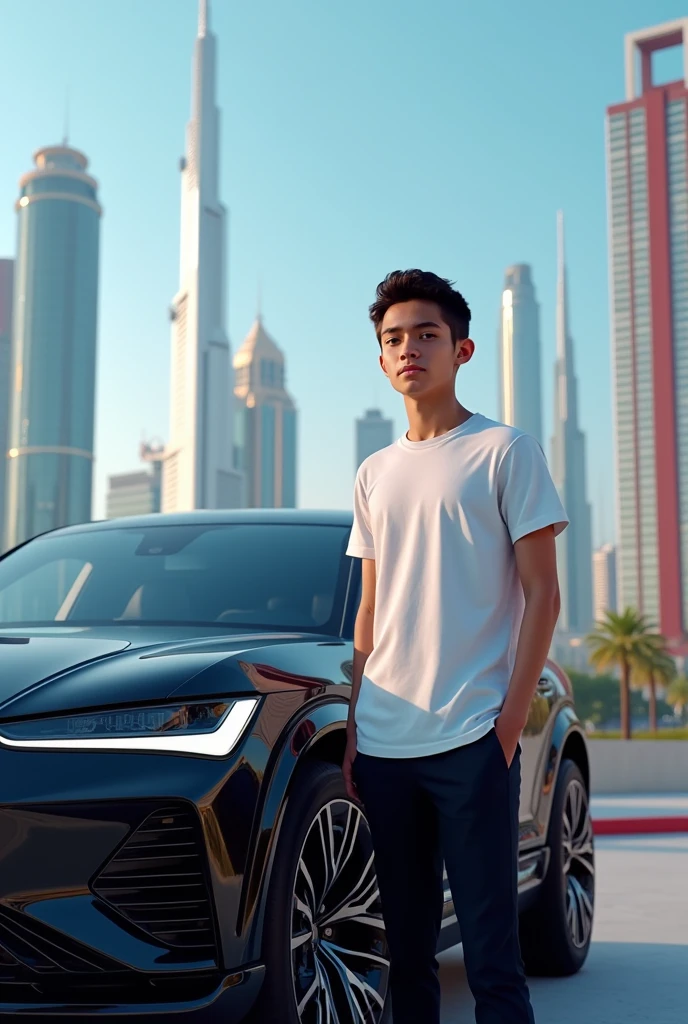 White T-shirt balbotam , black car defender one created, age 19 smart boy , car in girl and age 16 , Dubai background  