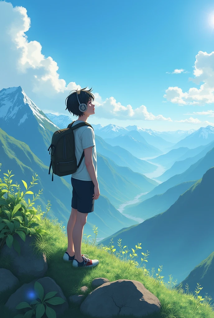 Anime boy listening music in mountain