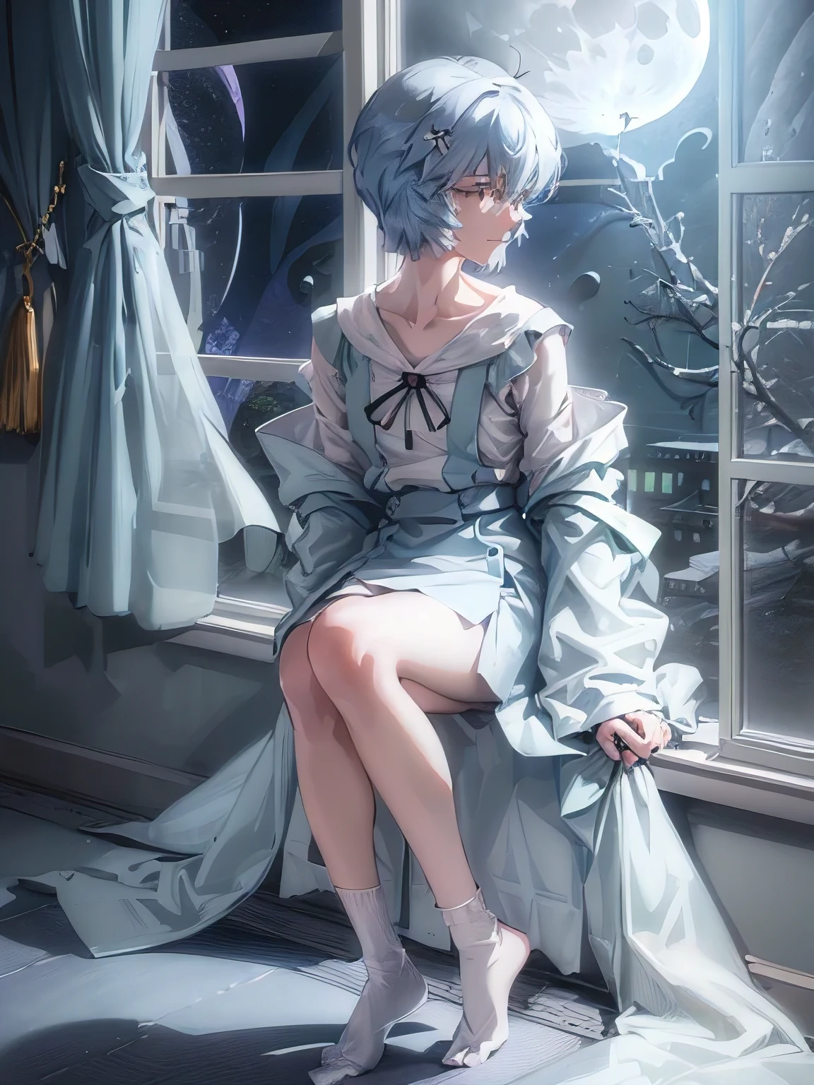 ultra-detailed, illustration, Beautiful Face, Beautiful body, (Rei Ayanami), Bluish silver hair, Silky short hair, (((Large windows, Open window, Leaning on the window frame, One foot on the window frame))), (Hold your one side knees), Tokyo-3 middle school uniform, black socks, ((Moon Background, The moon looks big:1.3, Gazing at the Moon:1.3)), ((Night:1.3)), View from inside the Hospital room, (The lace curtains are swaying in the wind), Slightly slim body, face in profile, ephemeral Expression, extremely detailed eyes and face, photo with an 85mm camera, Natural moonlight, details accurate face, Accurate limbs, ((masterpiece, best quality, high resolution))