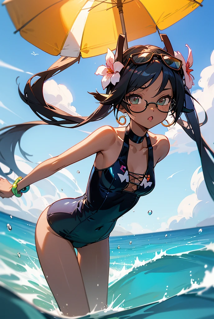 mic_Kizi,_change_, 1Kizi, standing alone, brazilianmiku, dark skinned female, tannins, twintails, hair flower, water eyes, oculos de sol, glasses on head, swimsuit wear, sexly swimsuit wear, beads, hoop earings, bracelet, cute, sexly, Dynamic Angle child