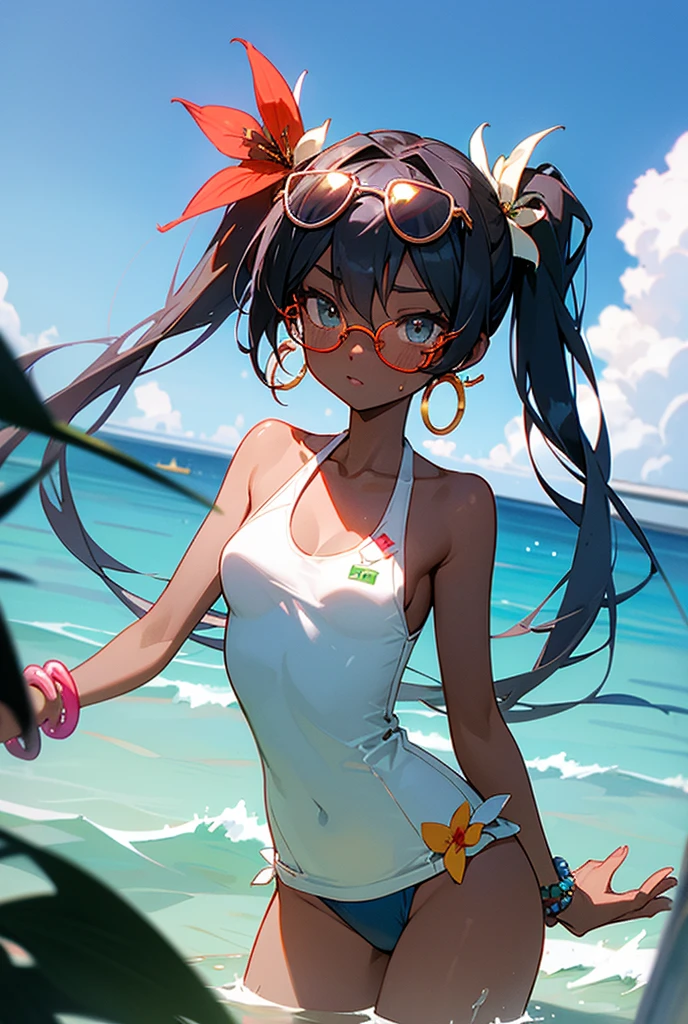 mic_Kizi,_change_, 1Kizi, standing alone, brazilianmiku, dark skinned female, tannins, twintails, hair flower, water eyes, oculos de sol, glasses on head, swimsuit wear, sexly swimsuit wear, beads, hoop earings, bracelet, cute, sexly, Dynamic Angle child 
