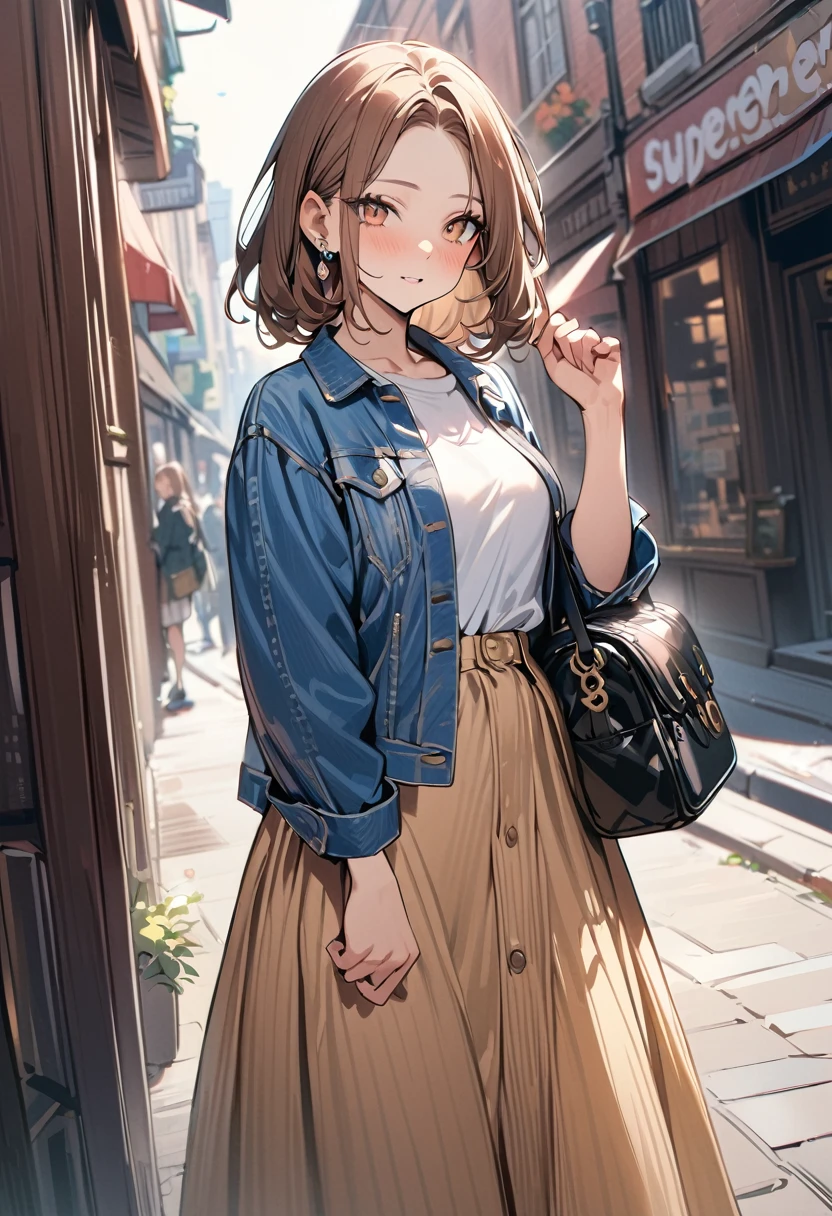 (masterpiece, best quality:1.5), (high resolution 8K), detailed eyes and face, detailed body, 
BREAK 1 girl, bob, center part, forehead, brown hair, piercing, brown eyes, medium breasts
BREAK Floral print long dress, denim jacket, sneakers, fringe bag, sunglasses, relaxed pose, 
BREAK in front of brick building or vintage-style shop, (SuperQuality:1.2)