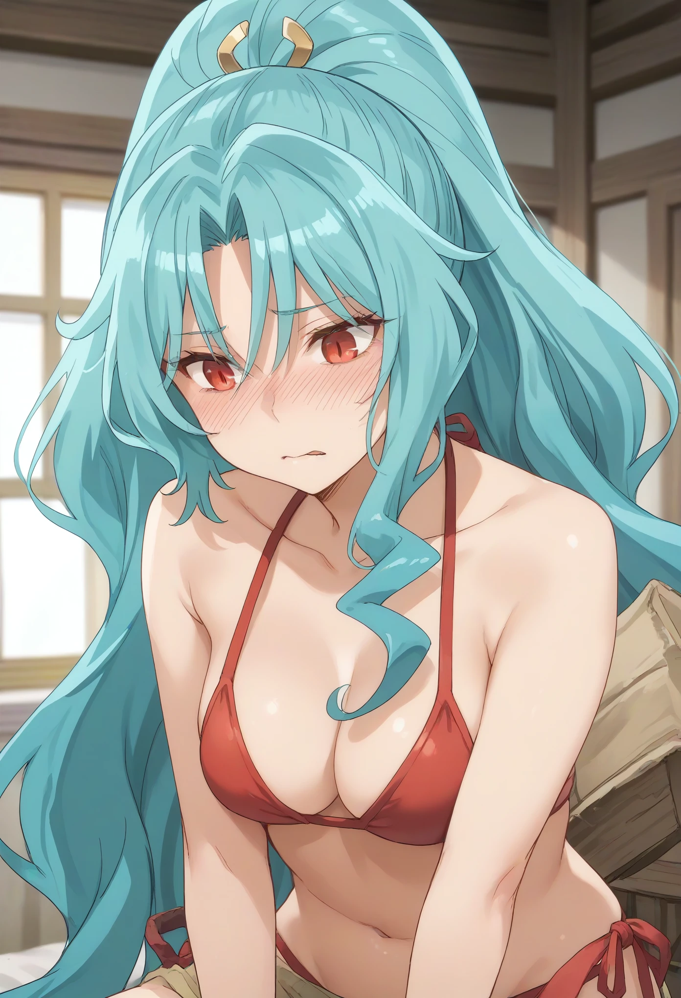 long hair aqua hair ponytail red eyes,slit pupils,((bikini)),embarrasment,blush,red face,looking away,looking down,bitting own lips
