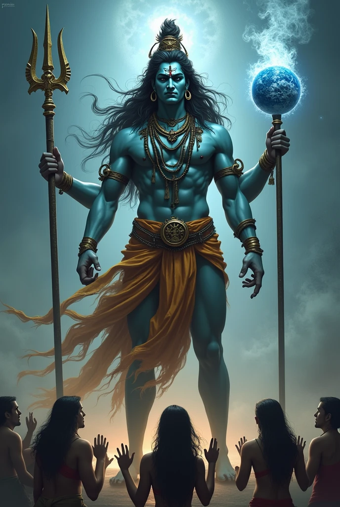 Angry shiv bhagwan with his trishoool cobra, in one hand trishool, in second hand damru, in third hand earth, in fourth hand showing us hand with background ghost, shiv bhagwan have only 2 hands and humans are very small humans are wanting to shiv bhagwan