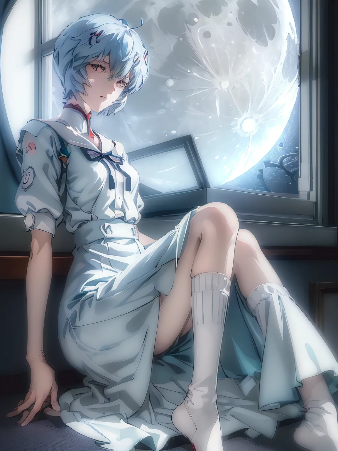 ultra-detailed, illustration, Beautiful Face, Beautiful body, (Rei Ayanami), Bluish silver hair, Silky short hair, (((Large windows, Open window, Leaning on the window frame, One foot on the window frame))), (Hold your one side knees), Tokyo-3 middle school uniform, black socks, ((Moon Background, The moon looks big:1.3, Gazing at the Moon:1.3)), ((Night:1.3)), View from inside the Hospital room, (The lace curtains are swaying in the wind), Slightly slim body, face in profile, ephemeral Expression, extremely detailed eyes and face, photo with an 85mm camera, Natural moonlight, details accurate face, Accurate limbs, ((masterpiece, best quality, high resolution))