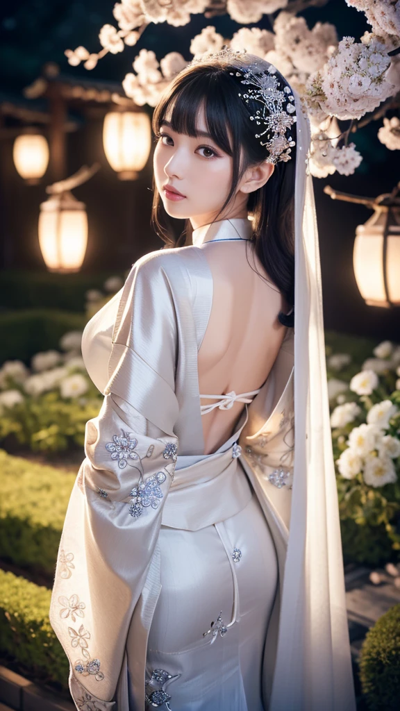 **Prompt:** Create an ultra-realistic 8K image of Tsukuyomi, the Japanese moon god, reimagined as the ultimate bride while retaining the deity's iconic features. Tsukuyomi is depicted with an ethereal beauty, her pale, moonlit skin glowing softly under the light. Her long, silver hair cascades gracefully down her back, woven with delicate white flowers and shimmering silver threads that resemble stardust.
She wears an exquisite, traditional bridal kimono in shades of ivory and silver, adorned with intricate patterns of crescent moons and stars. The kimono flows elegantly around her, the fabric glowing faintly as if infused with the essence of the night sky. Her eyes, deep and reflective, hold the quiet mystery of the moon, and her expression is serene, exuding a calm, otherworldly grace.
The background is a serene, moonlit garden, with cherry blossoms gently falling around her, illuminated by the soft glow of lanterns. The scene captures the perfect blend of celestial elegance and bridal beauty, making Tsukuyomi the ultimate embodiment of a divine and ethereal bride.