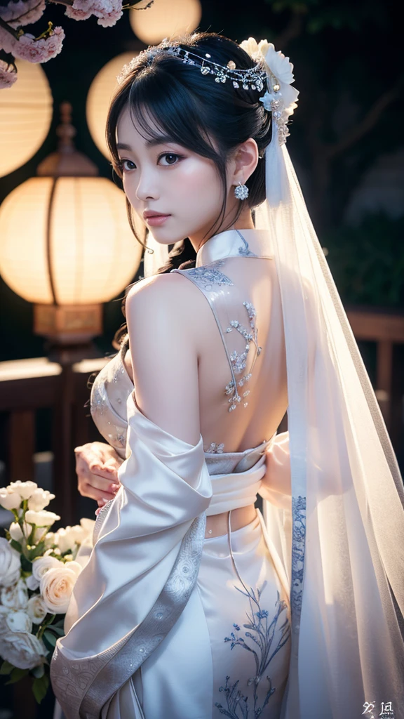 **Prompt:** Create an ultra-realistic 8K image of Tsukuyomi, the Japanese moon god, reimagined as the ultimate bride while retaining the deity's iconic features. Tsukuyomi is depicted with an ethereal beauty, her pale, moonlit skin glowing softly under the light. Her long, silver hair cascades gracefully down her back, woven with delicate white flowers and shimmering silver threads that resemble stardust.
She wears an exquisite, traditional bridal kimono in shades of ivory and silver, adorned with intricate patterns of crescent moons and stars. The kimono flows elegantly around her, the fabric glowing faintly as if infused with the essence of the night sky. Her eyes, deep and reflective, hold the quiet mystery of the moon, and her expression is serene, exuding a calm, otherworldly grace.
The background is a serene, moonlit garden, with cherry blossoms gently falling around her, illuminated by the soft glow of lanterns. The scene captures the perfect blend of celestial elegance and bridal beauty, making Tsukuyomi the ultimate embodiment of a divine and ethereal bride.