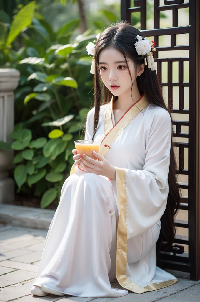 A woman in a white dress is sitting on the floor,White Hanfu,palace,Girl wearing Hanfu,Hanfu,Dressed in ancient Chinese costumes,Gurwitz,Ethereal Beauty,Guttweiz-style artwork,Beautiful fantasy queen,Chinese traditional clothing,Chinese clothing,Chinese traditional,Light milky white porcelain skin,Ordinary girl's bare feet and hands