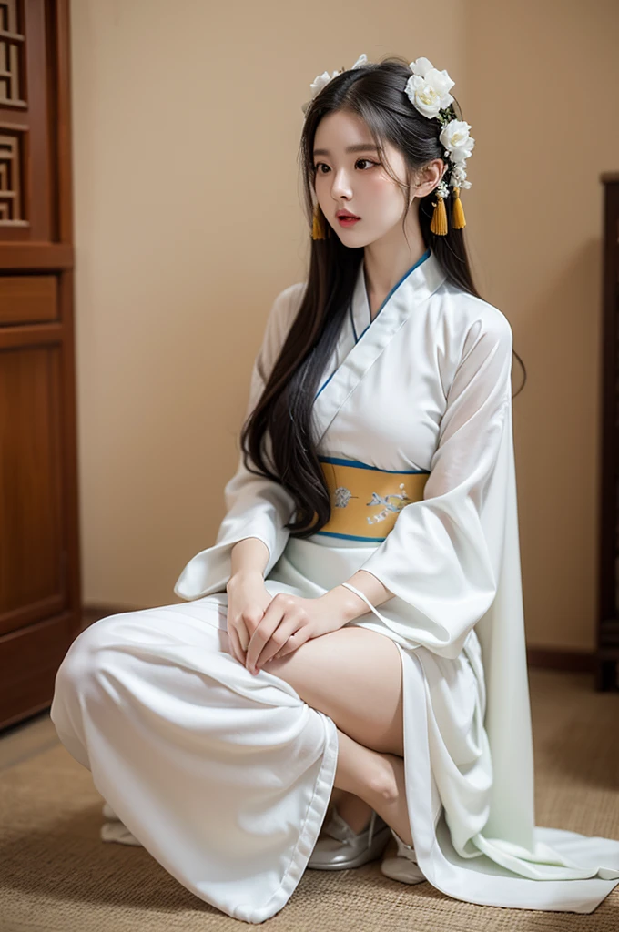 A woman in a white dress is sitting on the floor,White Hanfu,palace,Girl wearing Hanfu,Hanfu,Dressed in ancient Chinese costumes,Gurwitz,Ethereal Beauty,Guttweiz-style artwork,Beautiful fantasy queen,Chinese traditional clothing,Chinese clothing,Chinese traditional,Light milky white porcelain skin,Ordinary girl's bare feet and hands