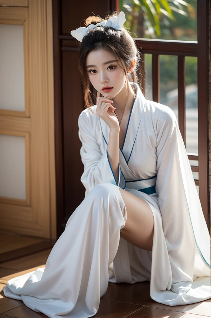 A woman in a white dress is sitting on the floor,White Hanfu,palace,Girl wearing Hanfu,Hanfu,Dressed in ancient Chinese costumes,Gurwitz,Ethereal Beauty,Guttweiz-style artwork,Beautiful fantasy queen,Chinese traditional clothing,Chinese clothing,Chinese traditional,Light milky white porcelain skin,Ordinary girl's bare feet and hands