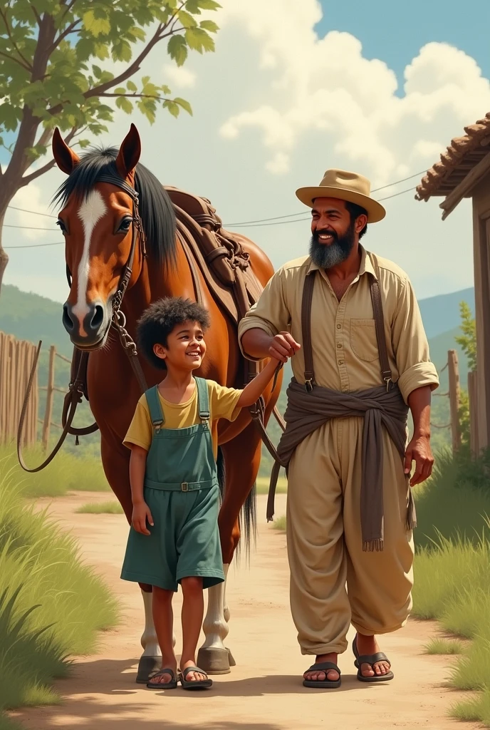 এক ব্যক্তি ঘোড়া নিয়ে যাচ্ছে পাশে একটি বালক দাঁড়িয়ে রয়েছে তার সাথে হেসে হেসে কথা বলছে