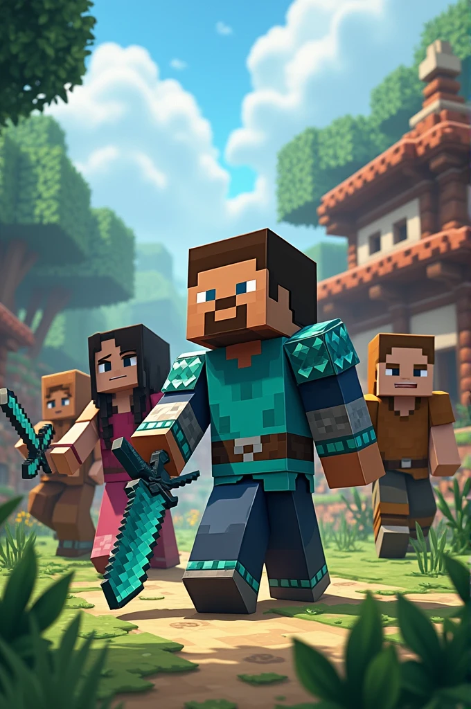 Minecraft characters team in a village background with villager and village background steve should be in diamond harbour and a sword holding