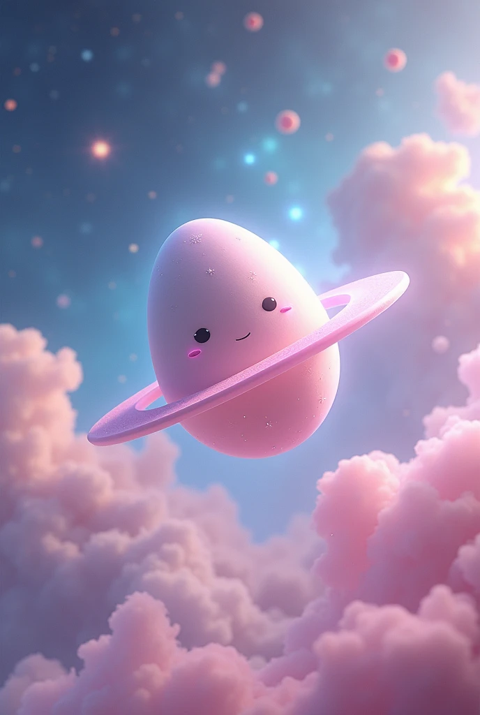 A pastel-colored egg-shaped planet with two rings, one vertical