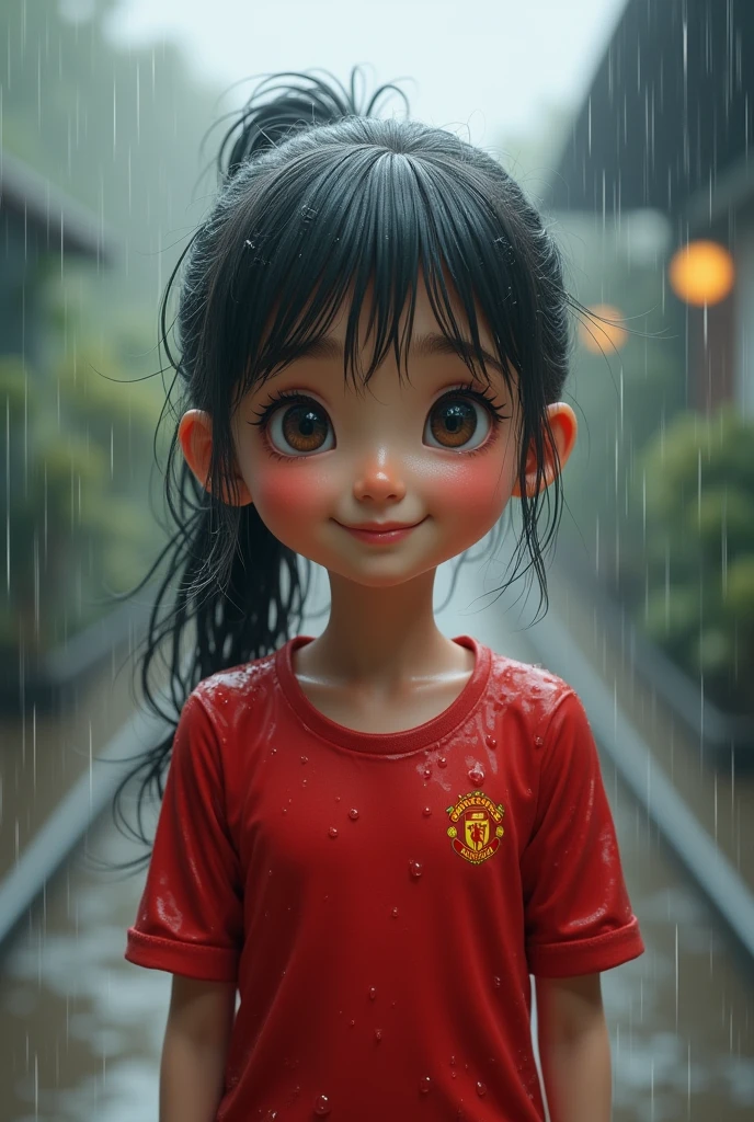 The girl wearing a red football shirt was wet with water but smiled sweetly


