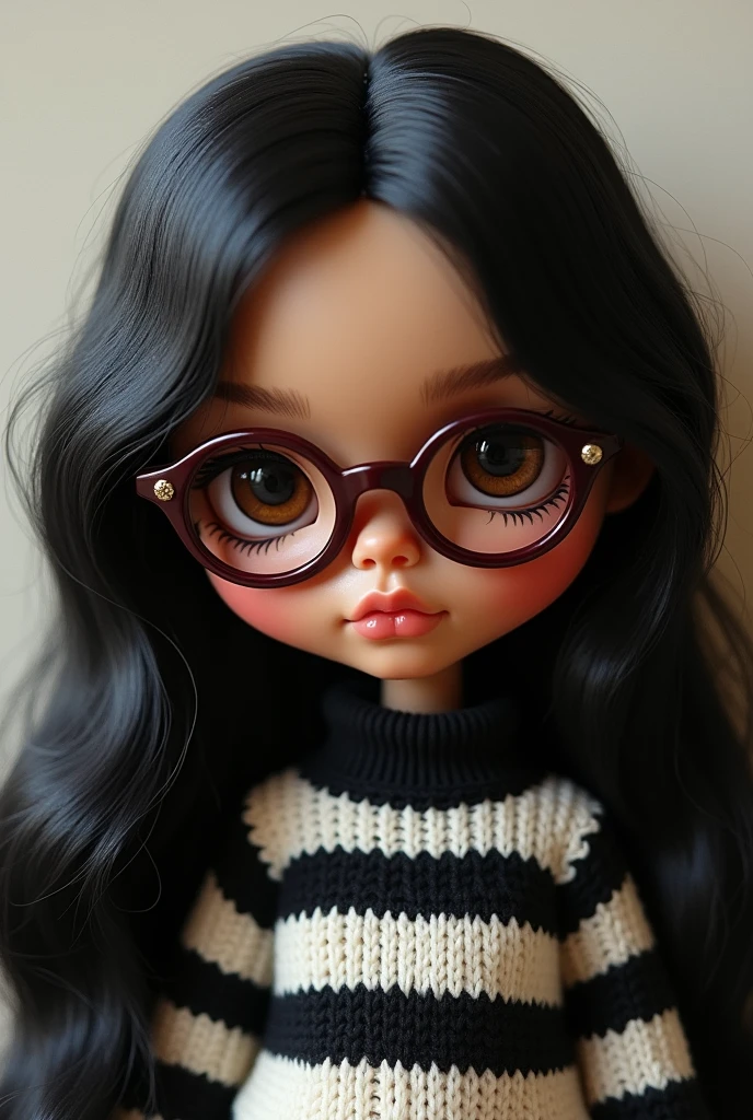 blythe doll , long wavy black hair , Brown eyes , light brown skin , maroon glasses , black and white striped sweater 