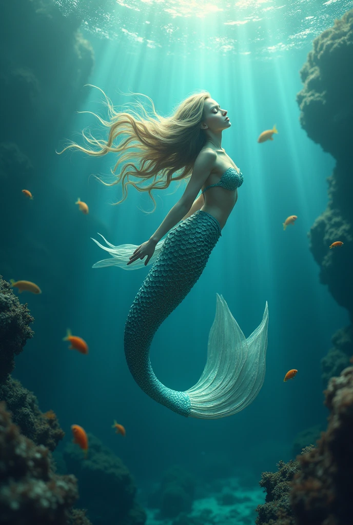 Mermaid listening music in ocean