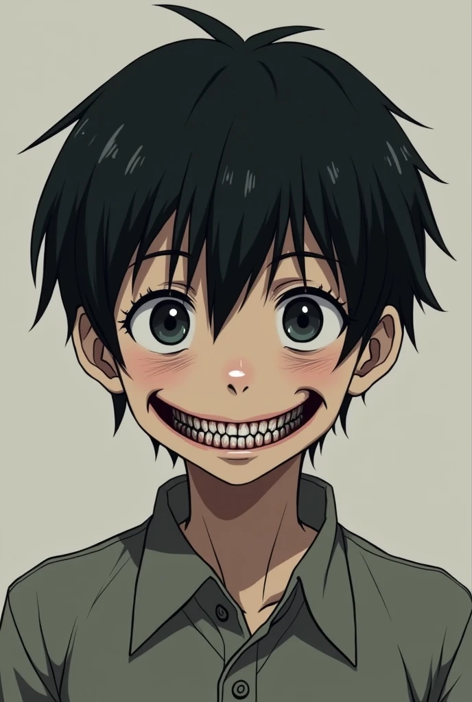 Middle school age boy、Center Parting、Oval Face、Hitoe、Black Hair、smile, Creepy、Ugly