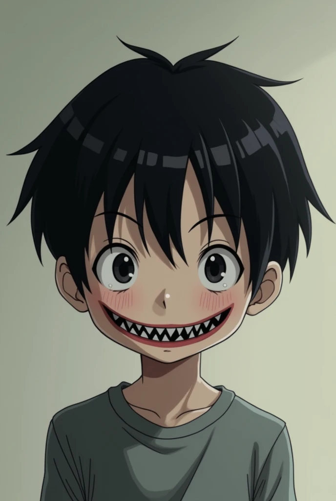 Middle school age boy、Center Parting、Oval Face、Hitoe、Black Hair、smile, Creepy、Ugly