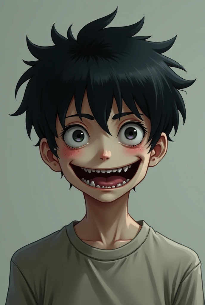 Middle school age boy、Center Parting、Oval Face、Hitoe、Black Hair、smile, Creepy、Ugly