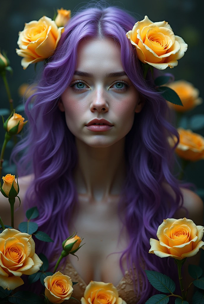 A photographic image of a woman with long, flowing purple hair surrounded by golden roses against a dark, mystical background with mystical light. The woman has a serene, ethereal expression on her face, The image has a dreamlike, fantastical quality, with intricate details and a rich, moody color palette.