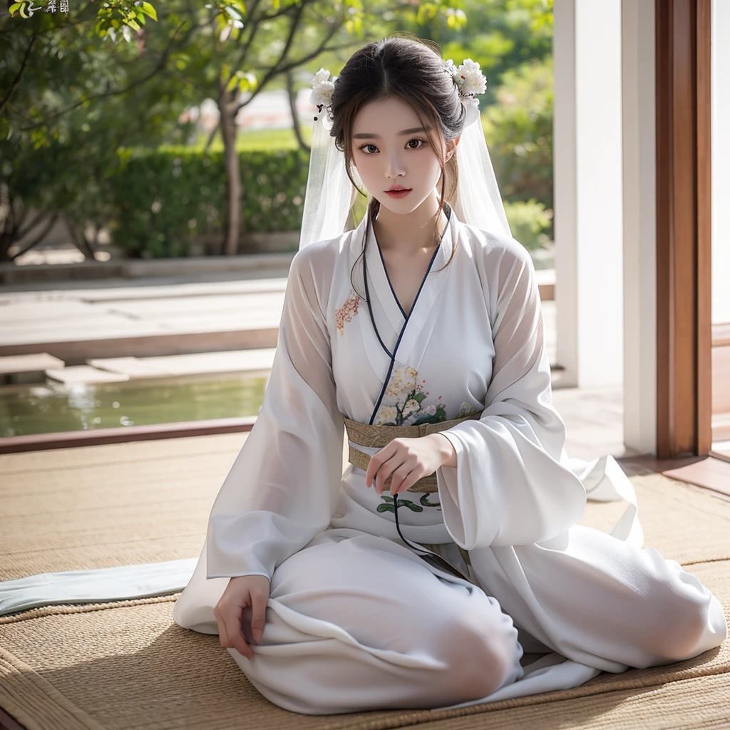 A woman in a white dress sits on the floor,White Hanfu,palace,Girl wearing Hanfu,Hanfu,Dressed in ancient Chinese costumes,Gurwitz,Ethereal Beauty,Guttweiz-style artwork,Beautiful fantasy queen,Chinese traditional clothing,China costume,Chinese traditional,Light milky white porcelain skin,Ordinary girl'Bare feet and hands,Show your butt