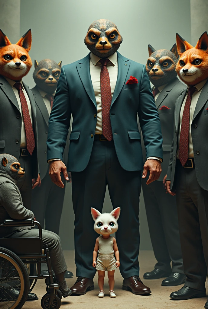 
Muscular man in a suit torn by his muscles with a turtle mask surrounded by three men to his right each wearing fox masks,mosquito and gorilla on his left side two other men, one with a zebra mask and the other with a bird mask.  In a wheelchair a girl with a kitten mask ,At his feet a girl with a rabbit mask and very short clothes