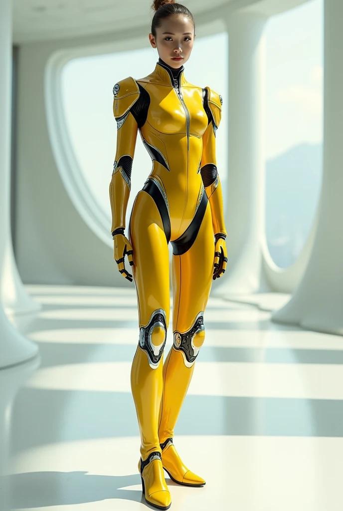 A futuristic looking android girl with a slender and elegant build. Her outfit is a metallic bodysuit, tight, that fits your figure perfectly, highlighting your silhouette. The material of the suit has a metallic sheen, with technological details integrated into the seams that pulse with a soft light. The robotic boots he wears reach up to his thigh., with metal plates that the suit is yellow and not very high animation