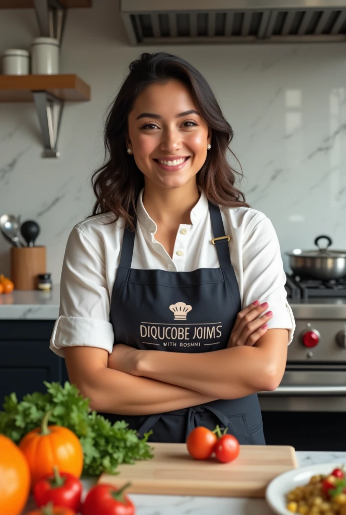 (photorealism:1.2), a girl who has cooking channel and also chaif make a logo which is cooking with roshni