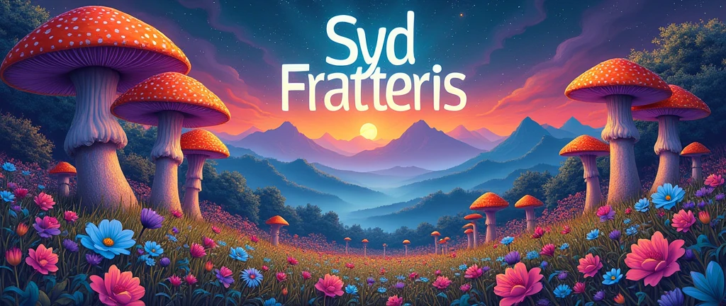 A circular poster of a psychedelic rock band called Syd Fratteris. We can use inspiration from Pink Floyd, but I want it to have the name of the band with psychedelic letters. It has to have hallucinogenic mushrooms and mountains in the distance and flowers of various colors. Something that looks real and not like a drawing where everything is in the shape of a circle.