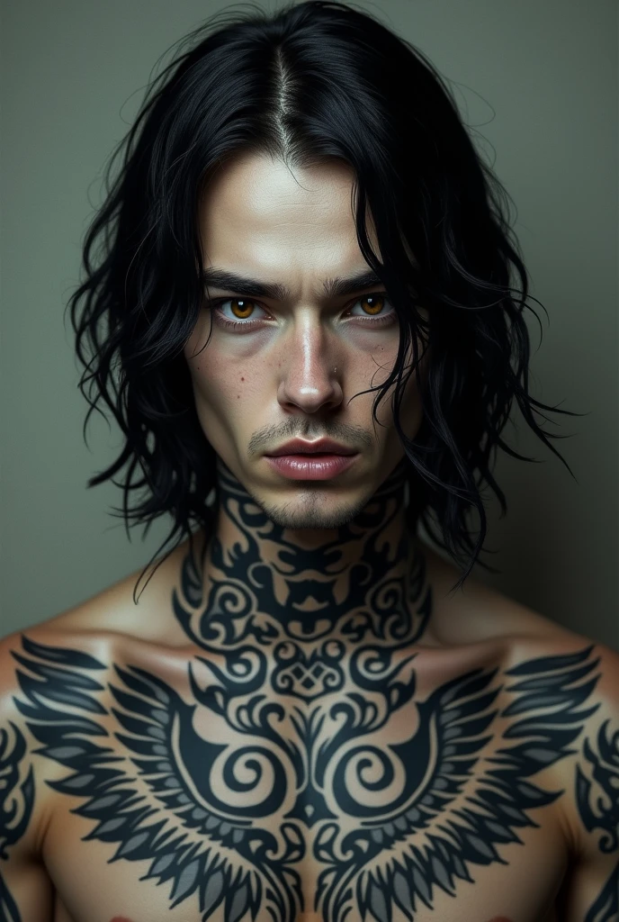 A white man with amber eyes and shoulder-length black hair, with piercings in the lips and eyebrows. On his neck he has a tattoo of wings that covers him completely in tribal lines..