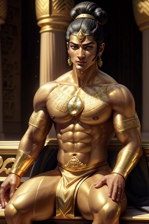 Handsome tall middle-aged man, black hair bun, Amber pupils, Sword in hand,Sit and look ahead,Egyptian Eye,Muscular body, Sensual,Wear luxurious clothes,Wear gold jewelry, (High Detail Skin:1.2), 8K Ultra HD,Soft lighting, high quality, Fuji XT3 (Face:方长Face, Egyptian Eye, [eye color brown], Straight nose, Lower lip protrusion, 圆Face颊, Cleft chin),8K，(8K分辨率)，Muscular black man, Cool guy，Sexy, Bright and charming eyes，Dark Skin, Smooth and shiny，Chest muscles，chest hair，Big bulging breasts，naked，茂密的chest hair体毛，Best quality，Professional lighting，Professional photography，real picture，Realistic Model，Realistic Art,Elegant and solemn look, Sundanese, Ancient Java, masterpiece, Best quality, (细致的Face部, Detailed approval, Delicate skin texture, Extremely detailed body), Practical, 4K Textures, HDR, Best 8k, Crazy details, Intricate details, Ultra Detailed, Ultra-high quality, Very detailed, Extremely detailed, Soft movie lighting information,Divinity,Thai,Traditional clothing,Complex patterns,Composition,Immerse yourself in Thai culture,Gorgeous palace background,Sitting on a golden ornate bench,panoramic